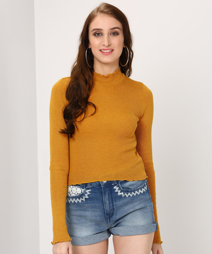 Neck Casual Women Yellow Sweater 