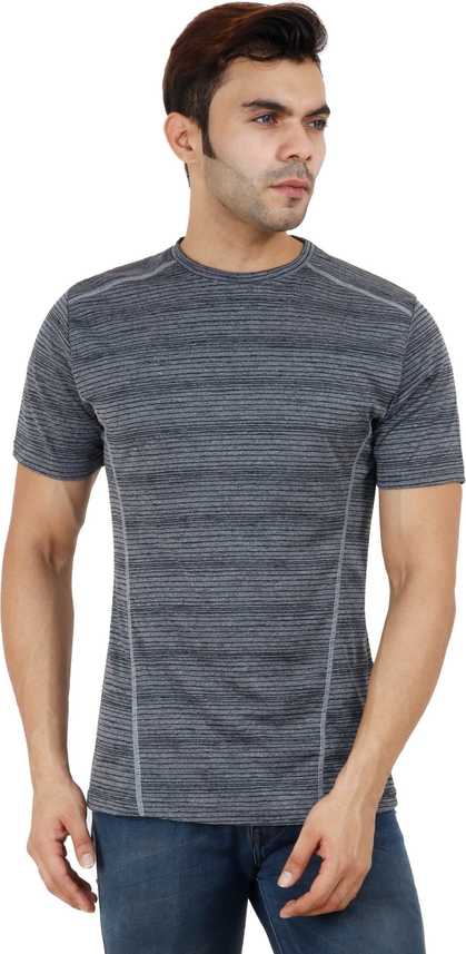 Urban Cross Striped Self Design Men Round Or Crew Grey T Shirt