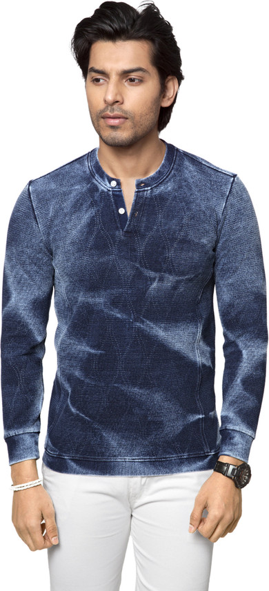 Buy ZEYO Abstract Men Henley Denim Dark 