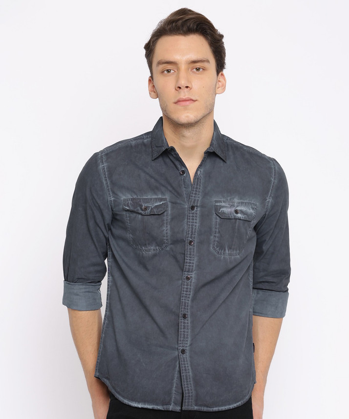 JONES Men Solid Casual Blue Shirt 