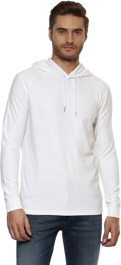 MUFTI Solid Men Hooded White T-Shirt 