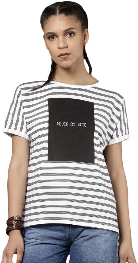 Roadster Striped Women Round Neck White 