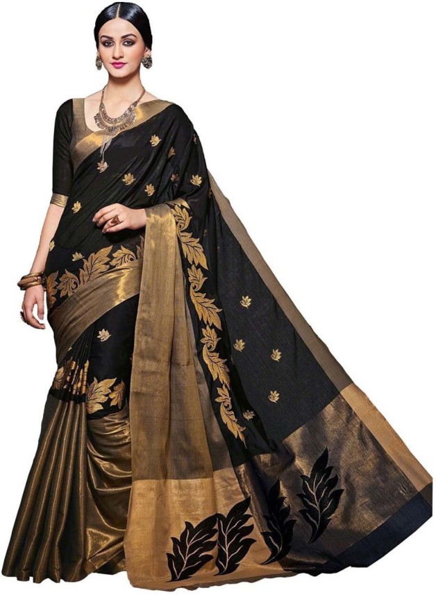 black saree with golden border flipkart