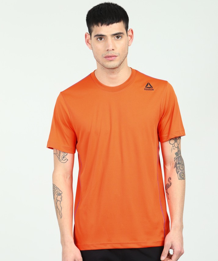 Solid Men Round or Crew Orange T-Shirt 