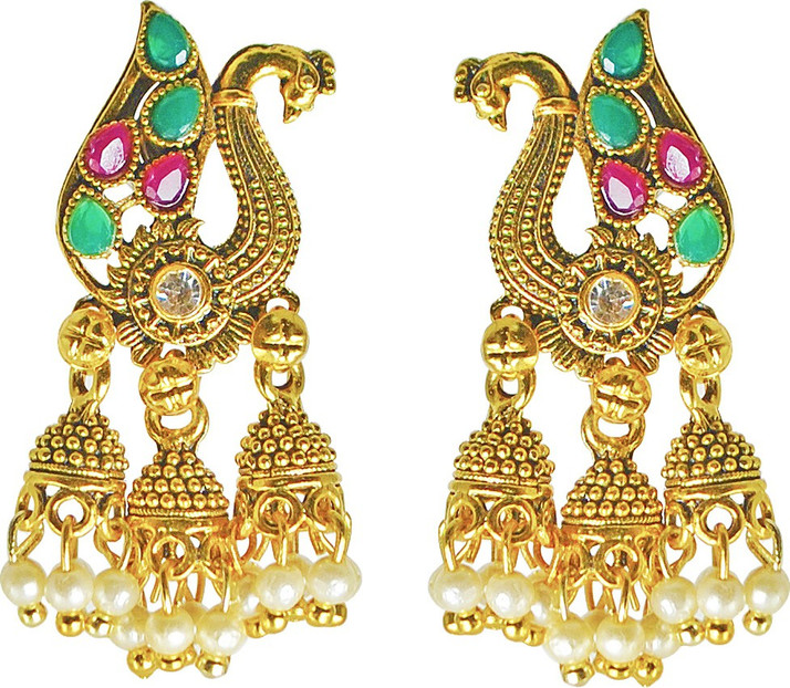 Golden VintFlea Fashion Gold Plated Stylish Pearl Jhumka Jhumki Traditional Earrings for Women and Girls