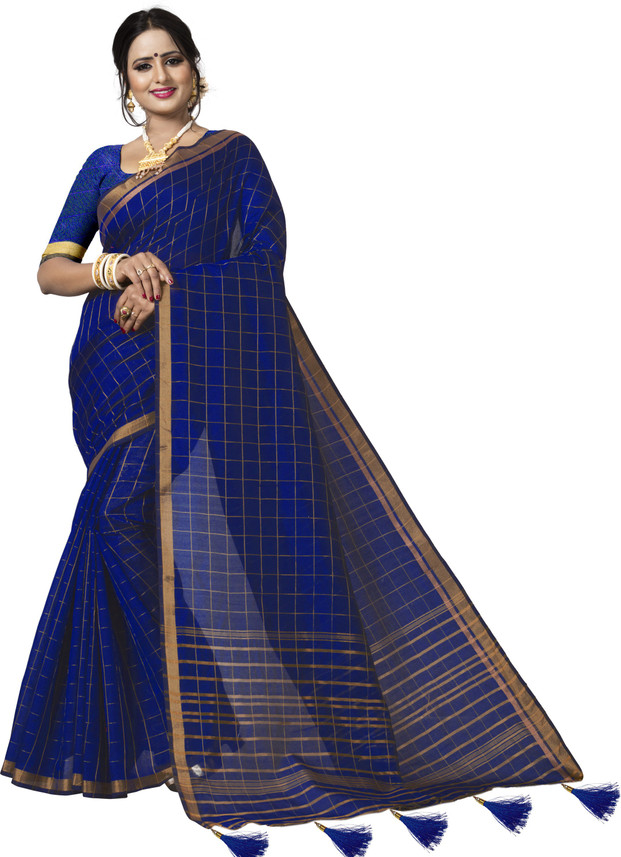 Checkered Fashion Pure Silk Blue Sarees 