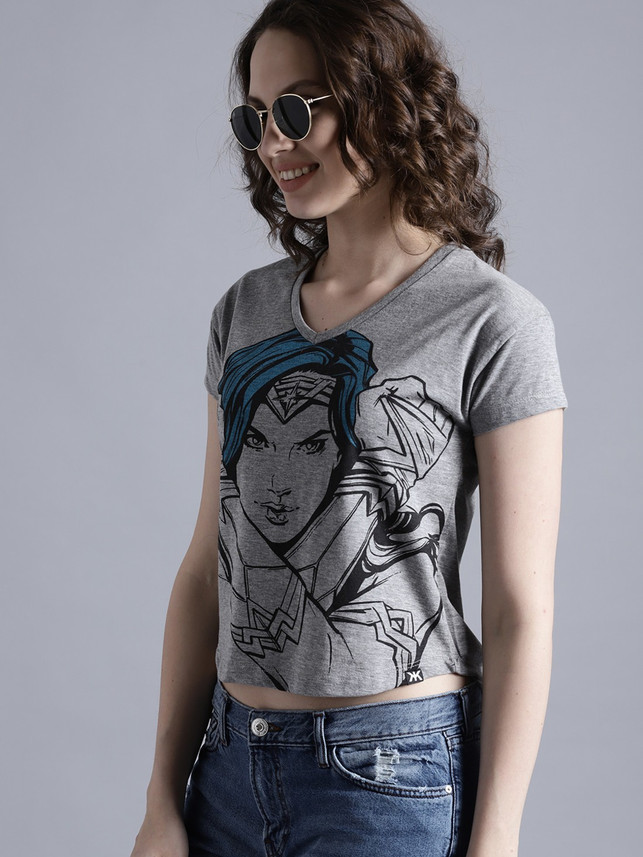 Wonder Woman Printed Women V Neck Grey 