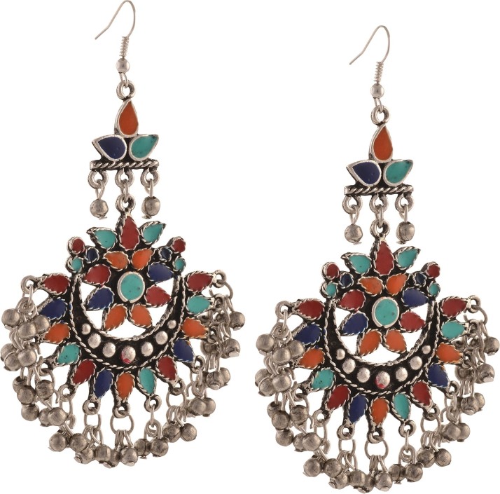 Oreleaa Fashion German Silver Afghani Dangler Hook Chandbali Earrings for Girls