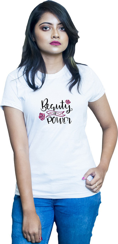 Printed Women Round Neck White T-Shirt 