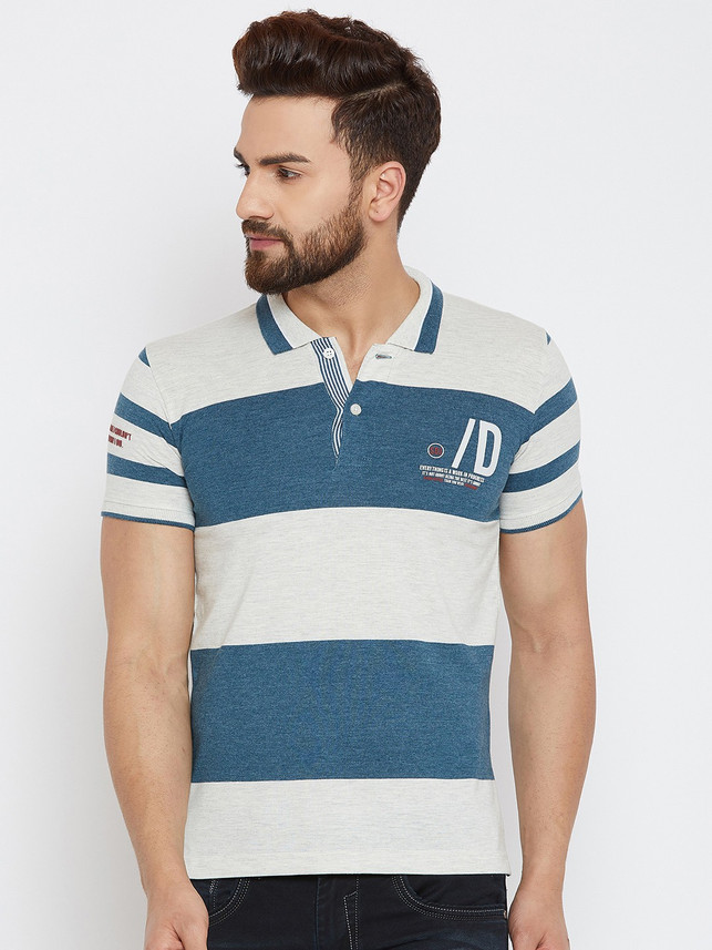 DUKE Striped Men Polo Neck Blue T-Shirt 