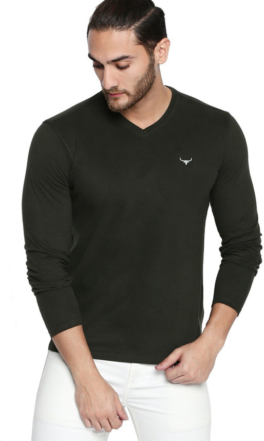 BUFFALO Solid Men V Neck Green T-Shirt 
