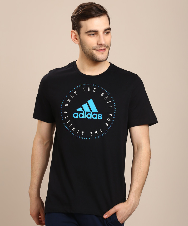 ADIDAS Solid Men Round Neck Black T 