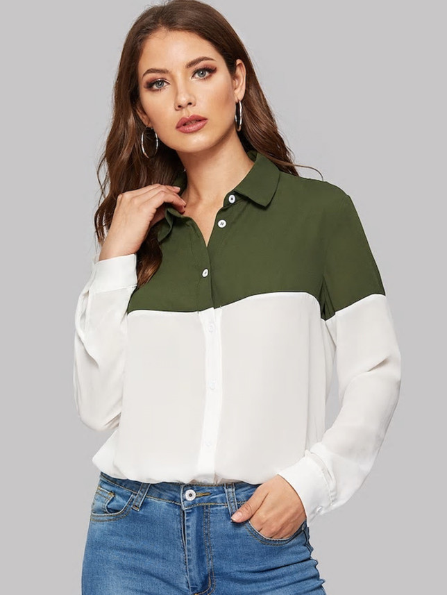 FAIRY Women Color Block Casual Green 