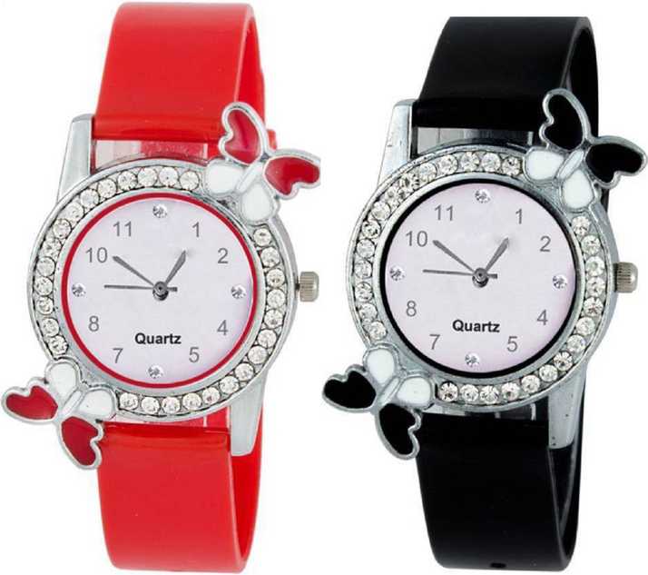 Indicare Red Black Color Butterfly Designed In Dial Fancy And Stylish Diamond Watch For Girl And Women Pack Of 2 Watches Girl Watch Analog Watch For Girls Buy Indicare Red