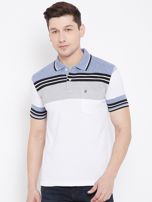 DUKE Striped Men Polo Neck Blue T-Shirt 