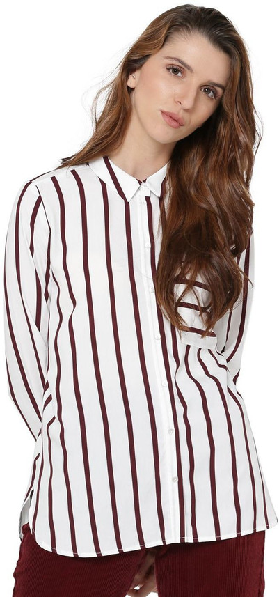 ONLY Women Striped Casual White, Maroon 