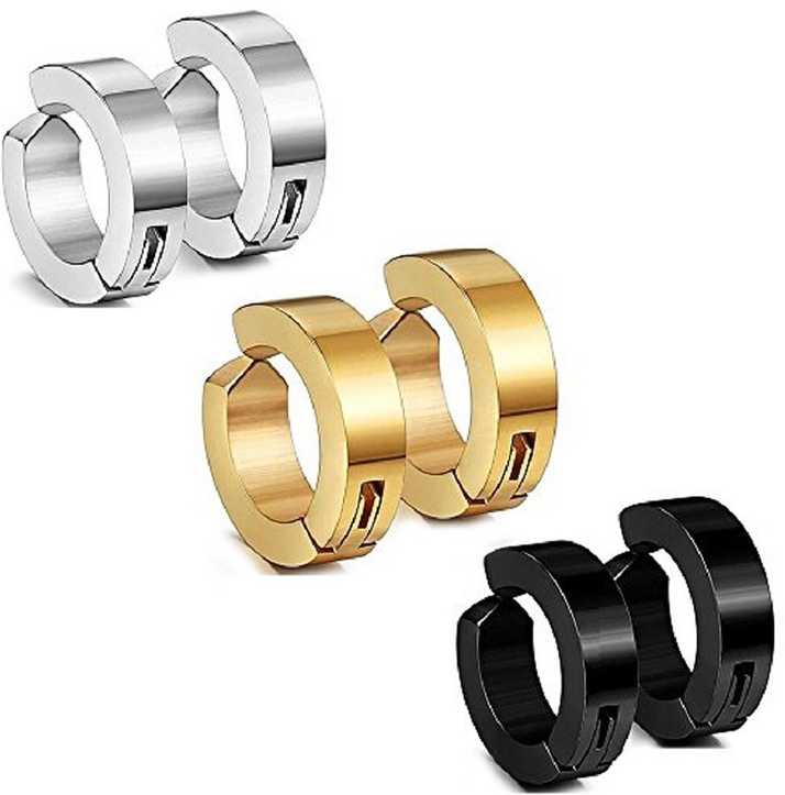 Flipkart Com Buy Wellpoint Pressing Non Piercing Hoop Earrings For Women Black Steel And Golden Combo Pack Stainless Steel Metal Hoop Earring Online At Best Prices In India