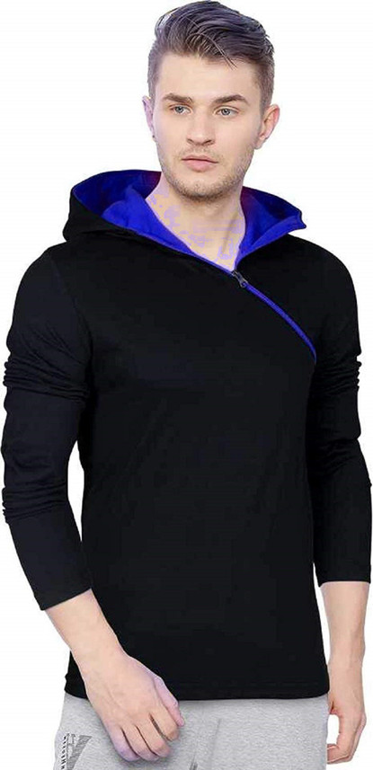 flyhug Solid Men Hooded Neck Black T 