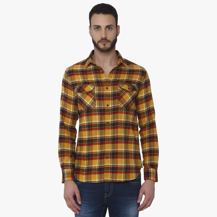 mufti mustard yellow checked casual shirt