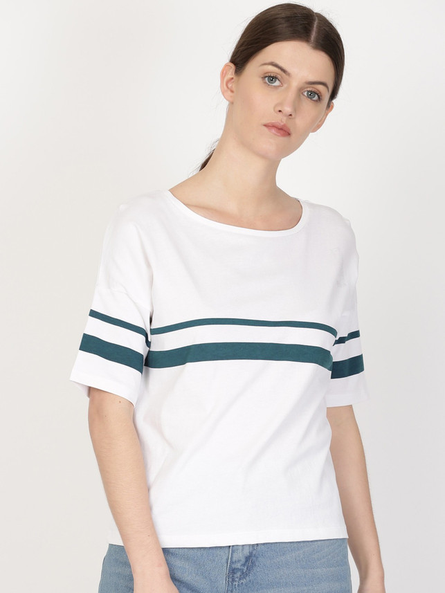 ether Striped Women Round Neck White T 