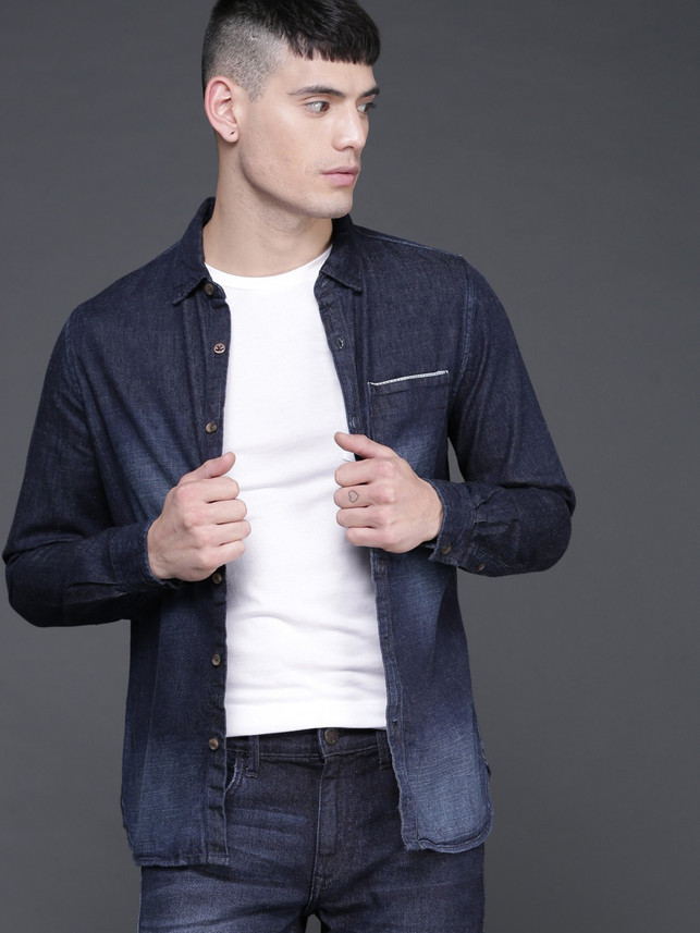 WROGN Men Washed Casual Dark Blue Shirt 