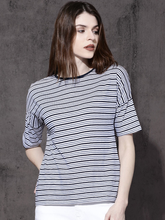 Roadster Striped Women Round Neck White 