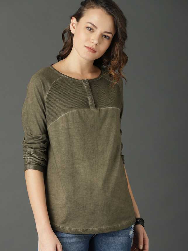 Roadster Fast And Furious Self Design Women Henley Neck Dark Green T Shirt Buy Roadster Fast And Furious Self Design Women Henley Neck Dark Green T Shirt Online At Best Prices In India
