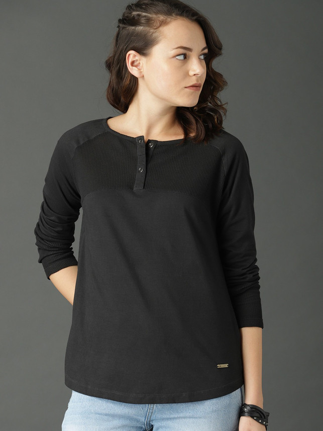 Women Henley Neck Black T-Shirt 