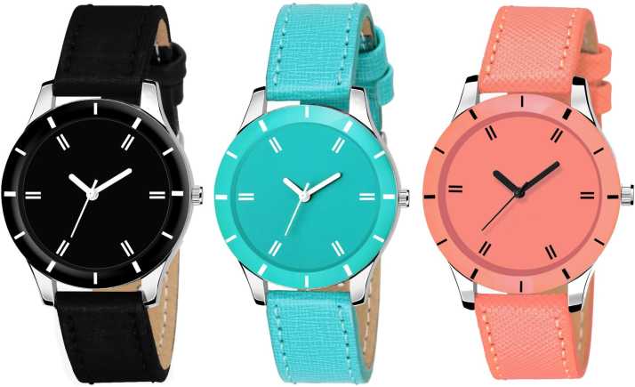 Vebnor Black Orange And Skyblue Colour Watch Combo Analog Watch For Girls
