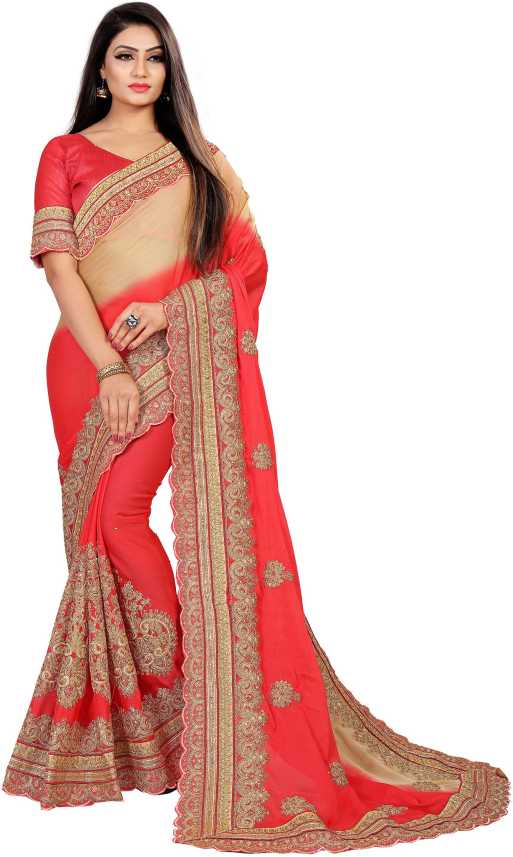 Buy Dolvia Embroidered Embellished Bollywood Chiffon Red Sarees Online Best Price In India Flipkart Com