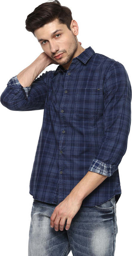 Spykar Men Checkered Casual Blue Shirt 