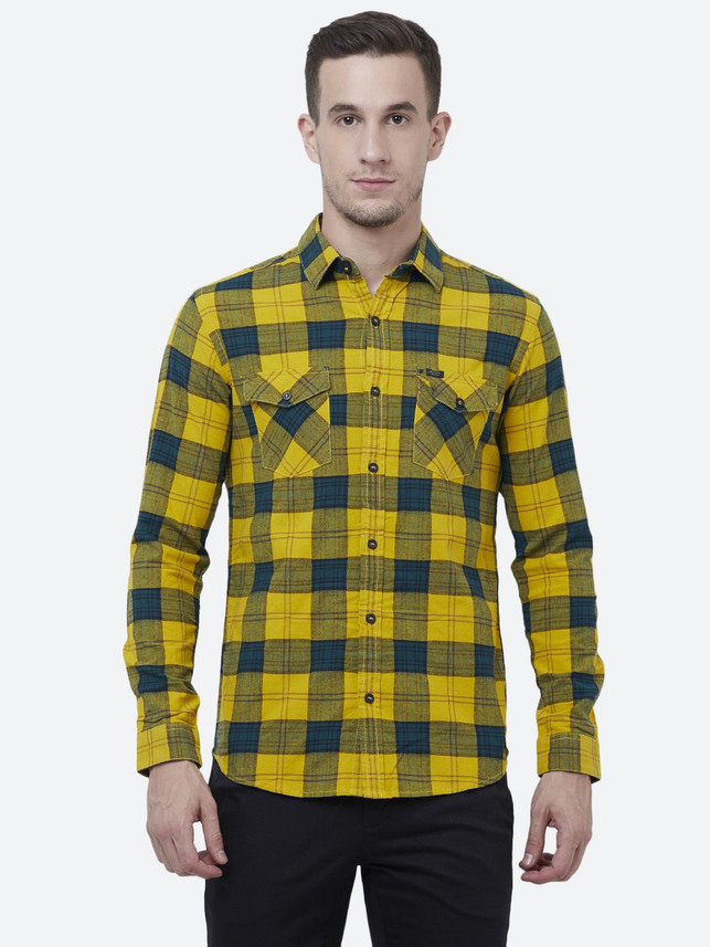 mufti mustard yellow checked casual shirt