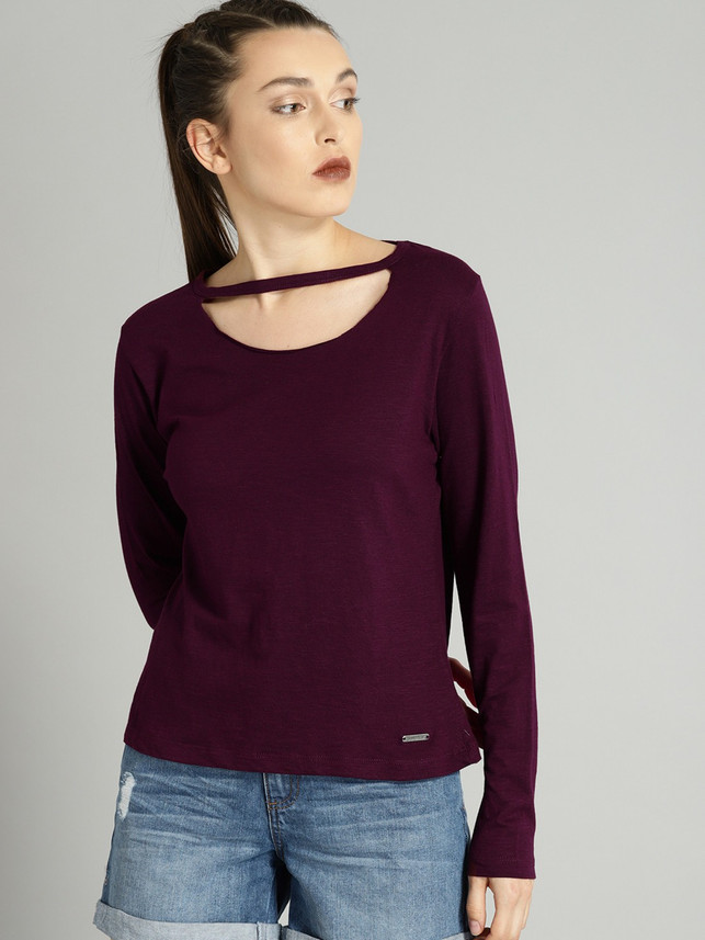 Roadster Solid Women Round Neck Purple 
