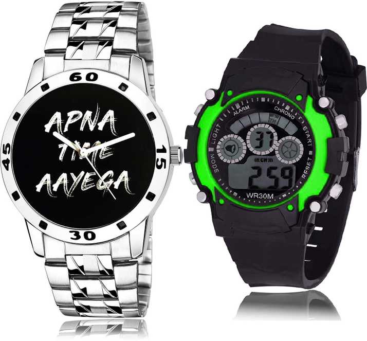 Neutron Party Wedding Apna Time Aayega Chain Watch And Kids Silver And Black Color Boys And Men Watch B414 B3 Combo Of 2 Combo Watch Analog Digital Watch For Boys