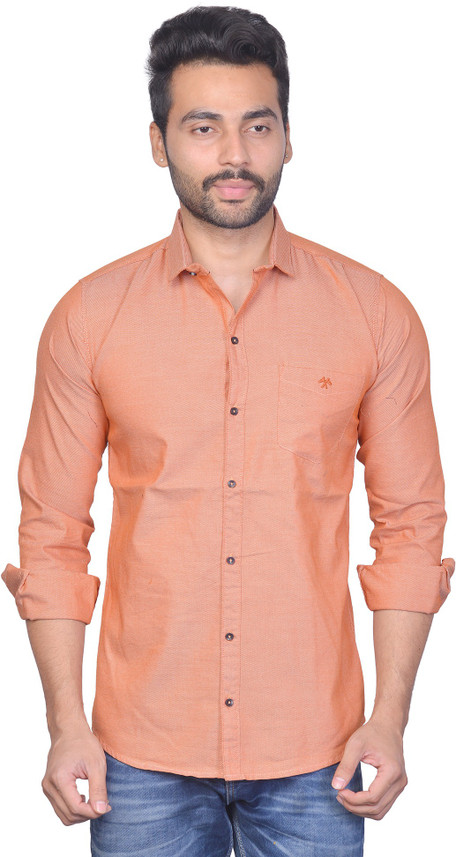 Men Self Design Casual Orange Shirt 