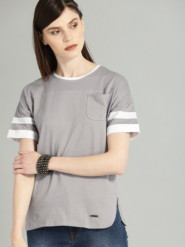 Roadster Solid Women Round Neck Grey T 