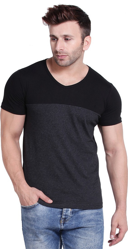 Bi Fashion Color Block Men V Neck Black 