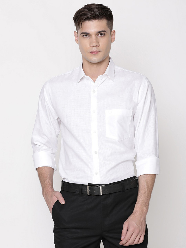 Linen Club Men Self Design Formal White 