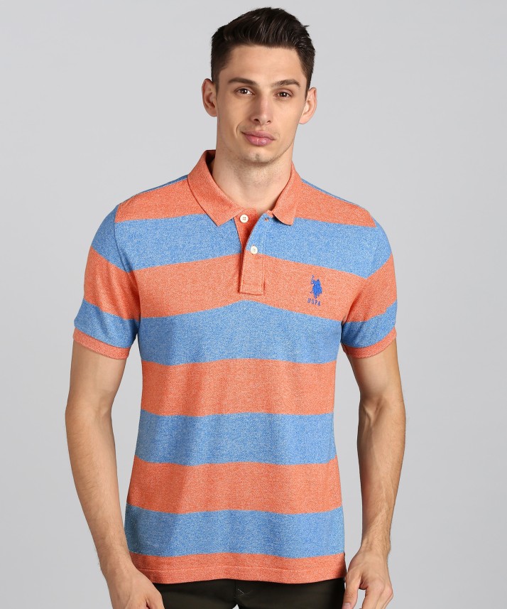 blue and orange striped polo shirt