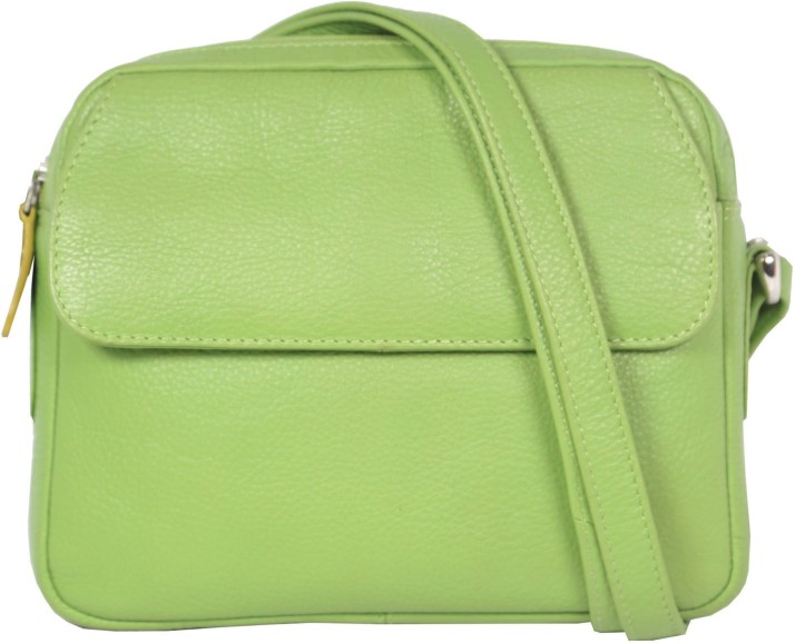 green leather sling bag