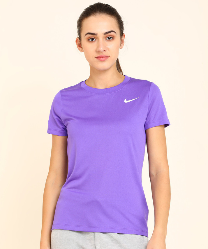 NIKE Solid Women Round Neck Purple T 