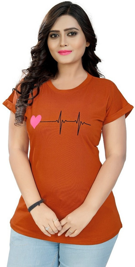 Printed Women Round Neck Orange T-Shirt 