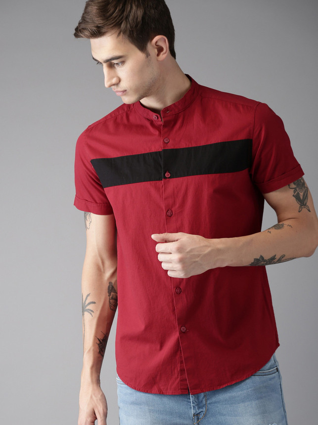 Men Color Block Casual Maroon Shirt 