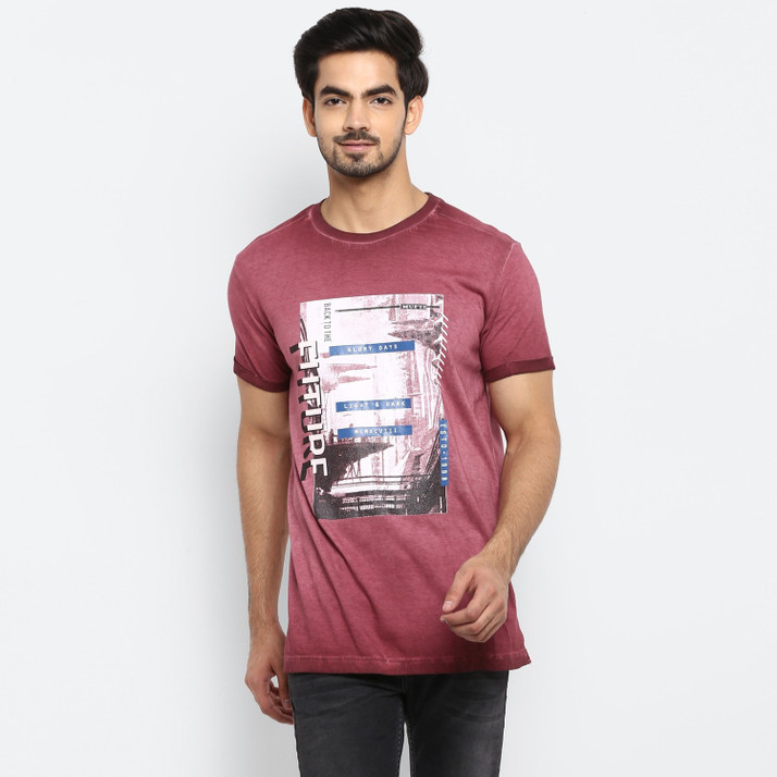 MUFTI Printed Men Round Neck Maroon T 