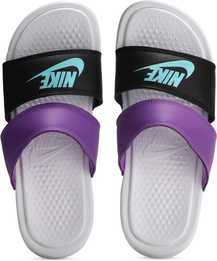 black and purple nike slides