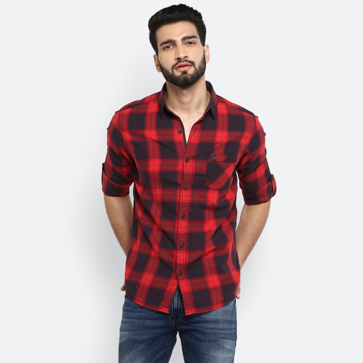 MUFTI Men Checkered Casual Red Shirt 