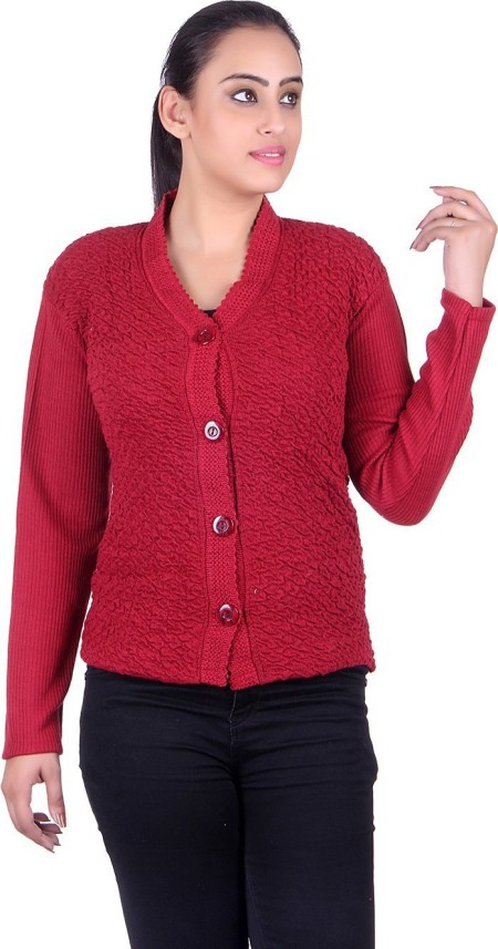 eWools Solid V-neck Casual Women Maroon 