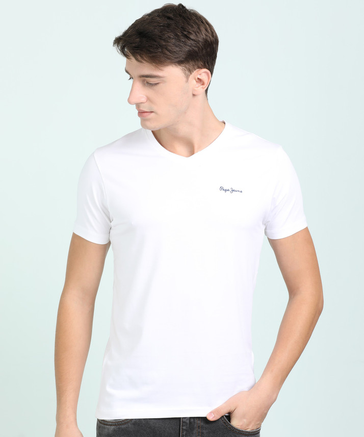 Pepe Jeans Solid Men V Neck White T 