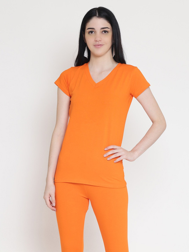 Ds Fashion Solid Women V Neck Orange T 