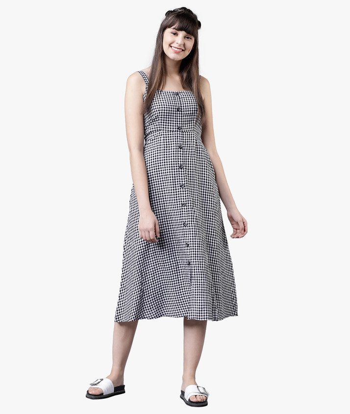 black and white fit and flare dress